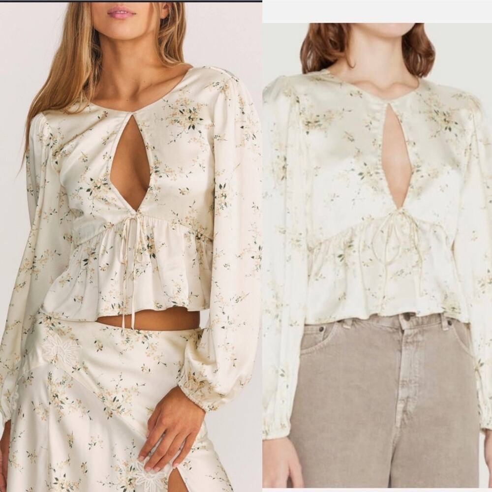 Love shack Fancy Arendell satin floral blouse size medium canary yellow peekaboo